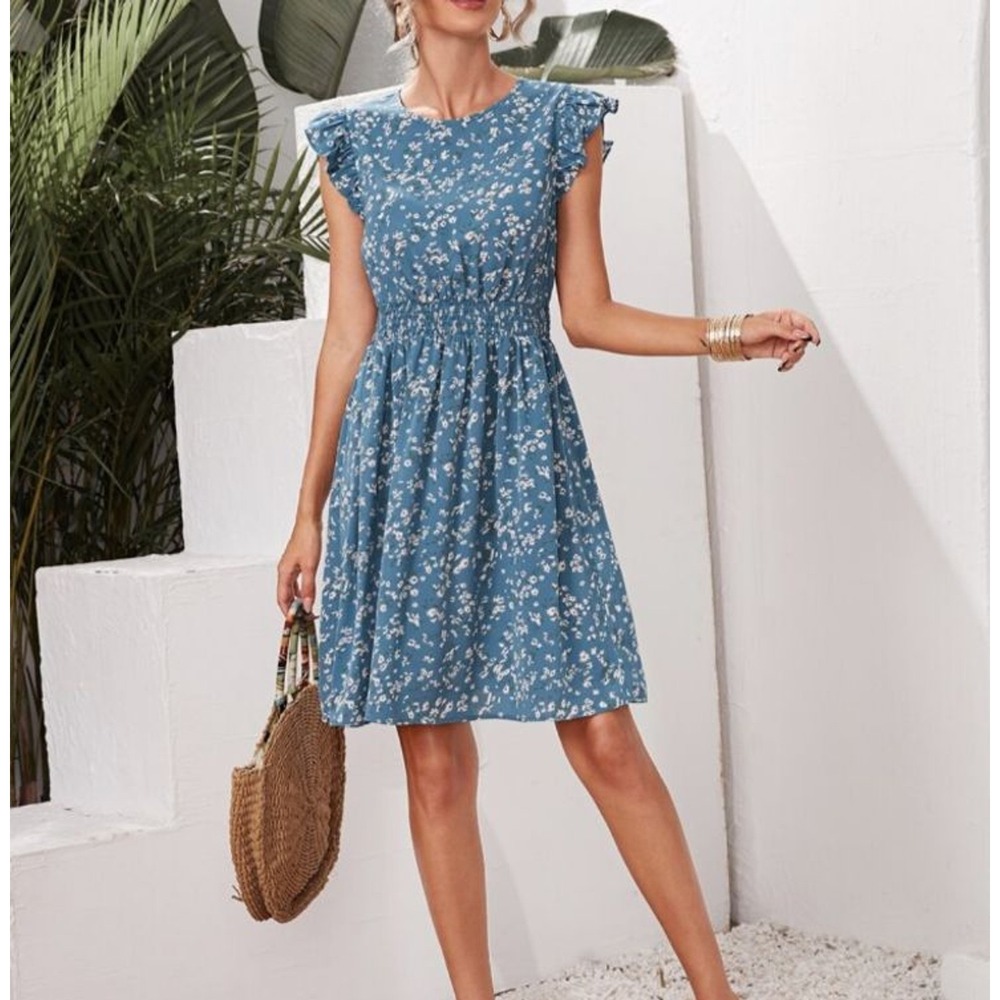 Ditsy‎ Floral Dress Blue Ruffle Cap Sleeve Smocked Waist Boho Cottage Garden S